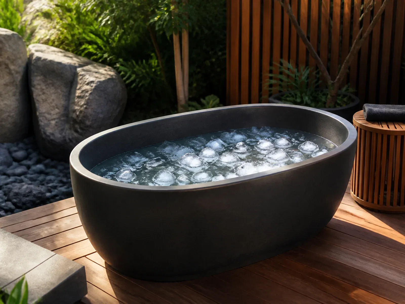 Ice-filled outdoor cold plunge