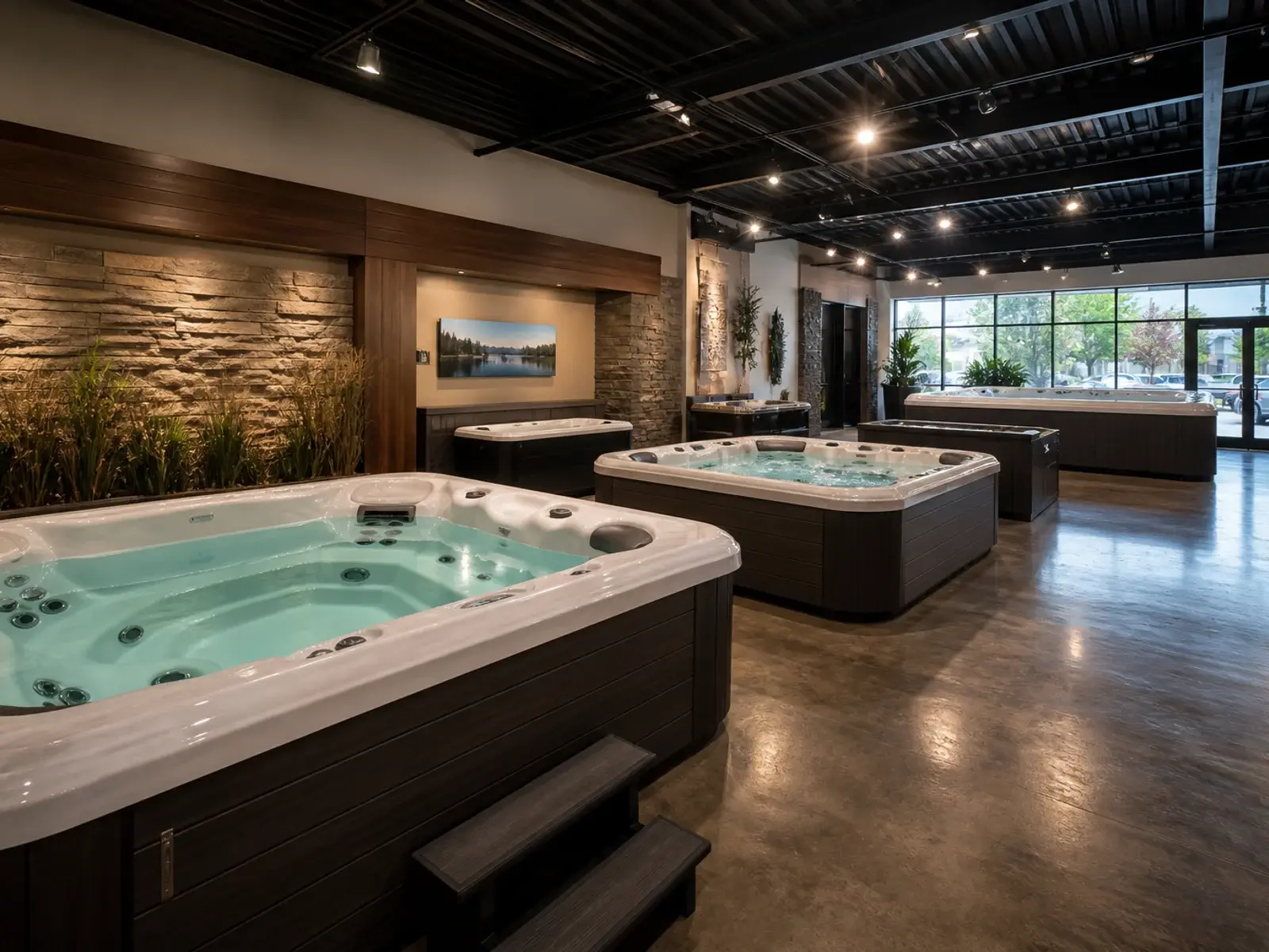 Showroom floor with filled spas