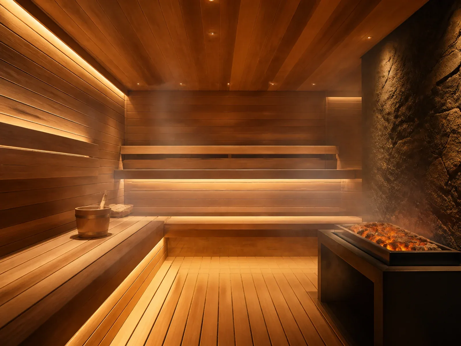 Cedar sauna benches and heater